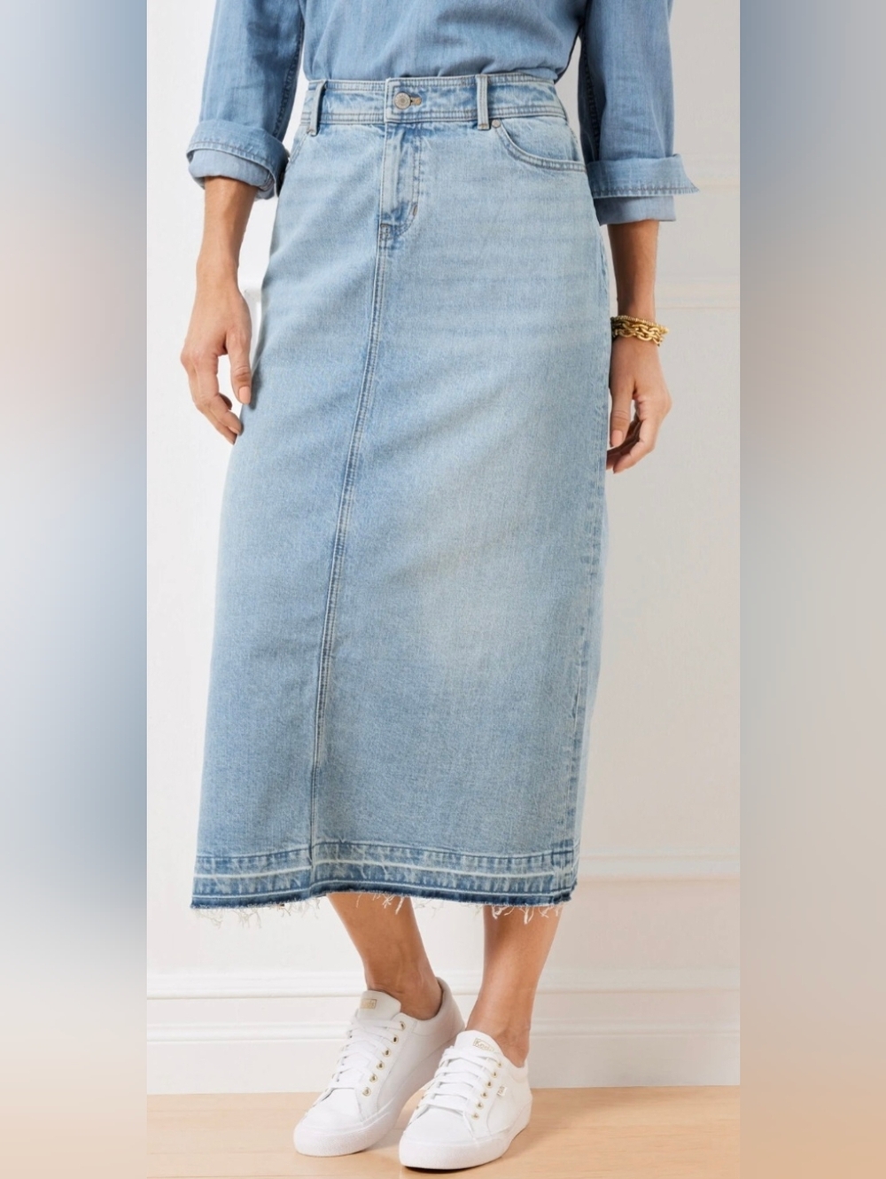 Talbots Drop Hem Denim Midi Skirt  Spring Light Wash Back Slit Size 10
